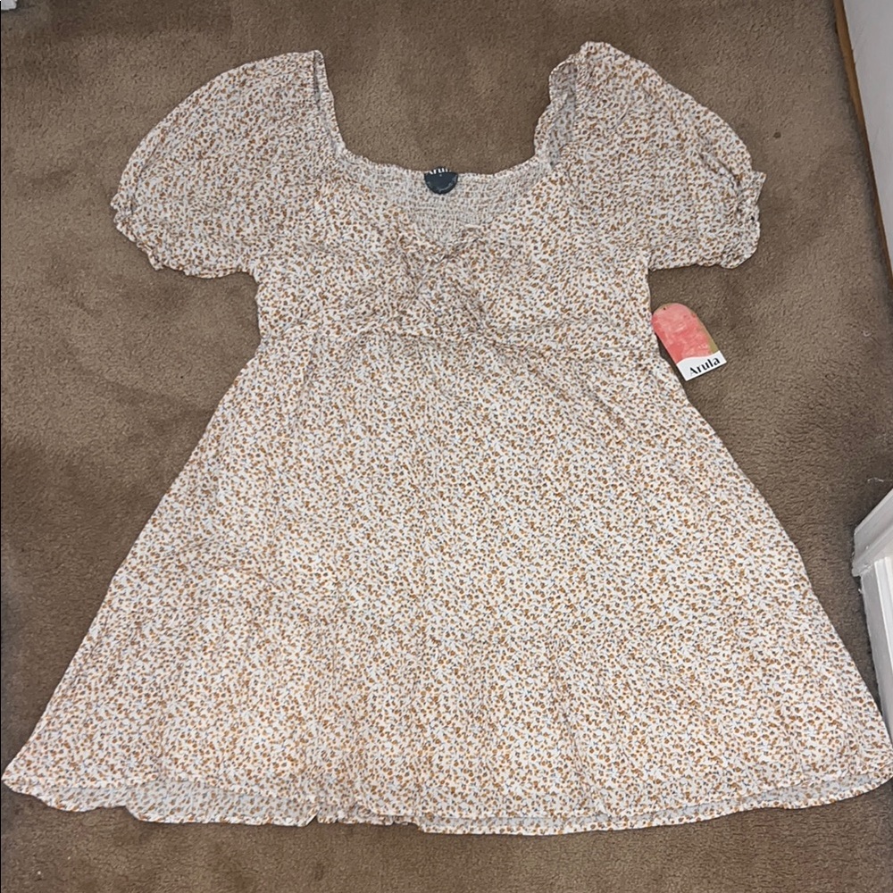 BRAND NEW ARULA Ivory Mini Dress with Tan Floral Print
